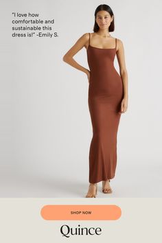 We know you're going to love this one. Tencel™ ribbed knit. Body-hugging fit. Maxi length. Spaghetti straps. Straight neckline. Our soft, comfy Tencel is a biodegradable fabric made from cellulose found in wood pulp. It is softer, more breathable, and uses 10-20 x less water in production compared to cotton. So you can feel good in looking good.  | Quince | Women's Tencel Rib Knit Maxi Slip Dress in Brown, Size XL, Cotton/Modal Charcoal Jacket, Maxi Slip Dress, Straight Neckline, Date Night Dresses, Fine Yarn, Fashion Plates, Sustainable Fabrics, Favorite Dress, Quince