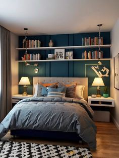 a bedroom with a bed, bookshelf and window in the corner next to it