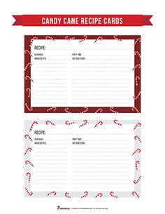 a recipe card with candy canes on it and the words, candy cane recipe cards