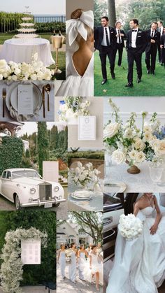 a collage of photos with white flowers and black suits on them, including a bride and groom