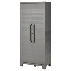 a tall gray cabinet with two doors