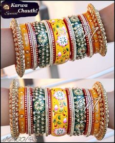 Fall In Love With Exclusive Ensemble For Rajwadi Bangles Set. Center Piece Is Beautified With Rajwadi Style Hand Painted Minakari On Yellow. Green Kangans Are Beaded With Glass Stone In A Pleasing Manner. Polka Dots & Glass Stone Beaded Thing Bangles Are Placed Very Beautifully Between Kangans. A Perfect Creation For Your Haldi Ceremony. This is a set of 34 Bangles (17 For Each Hand). Green Indian Wedding, Wedding Chura, Bridal Chura, Karwa Chauth, Kundan Work, Bangles Set, Haldi Ceremony, Bangles Indian, Bridal Bangles