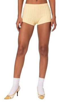 Barely there shorts are knit in a classic cable stitch and topped by a comfy elastic waist. Elastic waist 100% Acrilan acrylic Hand wash, dry flat Imported Stitch Shorts, Fitted Shorts, Visionary Fashion, Fabric Matching, Yellow Fits, Led Fashion, Cable Stitch, Soft Shorts, Knit Shorts