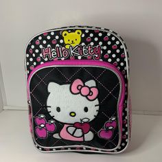 2011 Hello Kitty Mini Backpack, Hello Kitty Font Across Front, Apples And Polka Dot Print Background, Adjustable Straps, Zipper Closure, Front Zipper Pocket In Front, Mesh Pocket On Side. See Pics/Vid For Better Description. Monster High Adventure Time Bratz #Hellokitty #Sanrio #Strawberryshortcake #Y2k #Powerpuffgirls Pink Rectangular Backpack With Cat Design, Pink Hello Kitty Backpack For End Of School Year, Cute Black Backpack For End Of School Year, End Of School Year Pink Hello Kitty Backpack, End Of School Year Hello Kitty Pink Backpack, Cute Hello Kitty Print Backpack For School, Cute Hello Kitty Print Backpack For Back To School, Cute Hello Kitty Backpack For Back To School, Cute Hello Kitty Rectangular Backpack