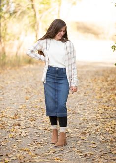 Bryn Denim Midi Skirt | Inherit Co. Activewear Dresses, Modest Fall Outfits, Pentecostal Outfits, Jean Skirt Outfits, Modest Outfit Ideas, Leggings Style, Modesty Outfits, Cute Modest Outfits, Denim Skirt Outfits