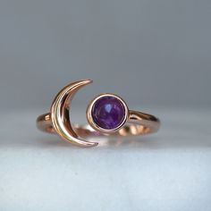 "Wanderlust Moon Ring, Rose Gold Amethyst Ring, Crescent Star Ring, Moon hugging Planet Ring, Blush Moon Ring, December stacking ring What a perfect way to say \"I love you to the Moon and back\". This dainty little moon ring is hand crafted out of 925 sterling silver with three options for plating (rose gold vermeil, Gold vermeil and sterling silver). Each natural amethyst is hand selected. Since the ring is a sterling silver base it is hypoallergenic, nickel and lead free. Each ring comes gift Mystical Rings With Moon Charm For Gift, Celestial Birthstone Ring As A Gift, Celestial Crystal Birthstone Ring Gift, Celestial Style Crystal Birthstone Ring For Gift, Celestial Crescent Crystal Ring Gift, Celestial Round Birthstone Ring As Gift, Celestial Style Round Birthstone Ring As A Gift, Celestial Style Round Birthstone Ring Gift, Celestial Style Round Birthstone Ring For Gifts