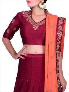 Shrut & Prit-Maroon and Orange Embroidered Bridal Lehenga Set - Trendroots