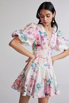 April Short Dress Feminine Chic Style, Hemant And Nandita, Feminine Chic, Ditsy Floral Print, Puffy Sleeves, Pastel Goth, White Outfits, Ditsy Floral, White Canvas