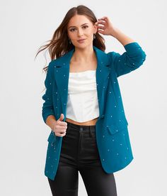 Willow & Root Rhinestone Blazer - Turquoise X-Large, Women's Deeplagoon Button front lined blazer Faux front pockets Bust measures 40 on size small Body length 25 on size small. Layering piece(s) and/or accessories sold separately.. Shell: 97% Polyester 3% Spandex. Lining: 100% Polyester. Hand wash cold. Do not bleach. Hang to dry. Cool iron if needed. Do not dry clean.. Measurements: Bust -Fullest part of bust with arms at sides. Waist -Circumference of natural waist: above belly button below r Turquoise Clothing, Rhinestone Blazer, Blazer For Women, Cowgirl Outfits, Waist Circumference, Oversized Blazer, Women's Coats & Jackets, Women's Coats