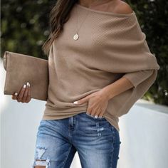 Women Off Shoulder Knit Tan Loose Fit Sweater Top Loose Fit Cheap Beige V-neck Sweater, Beige Batwing Sleeve Tops For Fall, Beige Batwing Sleeve Tops For Winter, Non-stretch Beige Tops For Fall, Knitted Tops For Fall Day Out, Casual Knitted Tops With Batwing Sleeves, Casual Knitted Batwing Sleeve Tops, Casual Knit Blouse For Winter, Running Hoodie