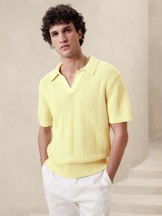 Yellow Sweater Mens, Yellow Shirt Men, Yellow Shirt Outfit, Party Outfit Men, Shirt Outfit Men, Collar Shirt Men, Sweater Polo, Lime Yellow, Johnny Collar