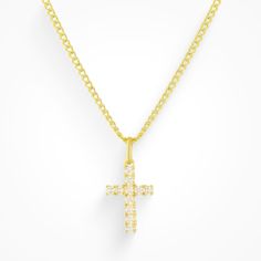 - Cross necklace - Hand set clear CZ stones - 14 karat gold or silver plated - Made to last - Length: 17” + 1.5” extender Cross Necklace Simple, A Match Made In Heaven, Jewel Necklace, Gold Cross Necklace, Match Made In Heaven, Dainty Chain, The Don, Pretty Necklaces, Great Birthday Gifts