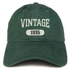 Stitchfy Vintage 1935 Embroidered Brushed Cotton Dad Hat Cap100% Brushed Cotton TwillHigh Quality Cap, EMBROIDERED in the USALow Profile, Unstructured Cap6 Panels with 6 Embroidered Ventilation EyeletsSelf-fabric Adjustable Slide Closure with BuckleOne Size Fits MostShipping- Shipment leaves warehouse in 1 Business Day.- Free Shipping to Domestic Destinations (US).Returns/Exchanges- Items must be returned within 30 days of purchase for refund or exchange to different item, or penalties might occ Vintage Visor Hat With Embroidered Logo, Vintage Green Flat Bill Hat, Vintage Adjustable Baseball Cap, Vintage One Size Fits Most Baseball Cap, Vintage Dad Hat With Letter Print, Vintage Baseball Cap With Letter Print, Vintage Adjustable Brimmed Baseball Cap, Vintage Green Dad Hat With Curved Brim, Vintage Dad Hat With Embroidered Logo