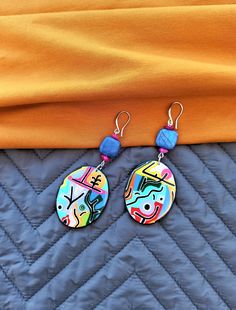 Colorful Hand-painted Drop Earrings, Colorful Hand Painted Earrings As Gift, Colorful Hand Painted Drop Earrings, Colorful Hand Painted Earrings For Gift, Colorful Earrings As A Gift, Hand Painted Colorful Earrings For Gifts, Unique Colorful Design Earrings As Gift, Artistic Multicolor Hand Painted Jewelry, Artistic Hand-painted Multicolor Jewelry