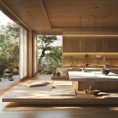 an open kitchen and dining area with wood paneling, large windows, and wooden flooring