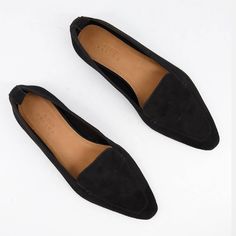 Casual Pointed Toe Ballet Flats For Office, Suede Pointed Toe Slip-ons For Work, Slip-on Ballet Flats For Workwear In Fall, Casual Almond Toe Ballet Flats For Work, Black Ballet Flats For Office Wear In Fall, Elegant Black Everyday Loafers, Casual Ballet Flats With Leather Sole For Office, Casual Low Heel Ballet Flats For Office, Everyday Pointed Toe Loafers For Spring