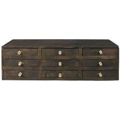 an old wooden dresser with brass knobs on the top and bottom drawers, against a white background