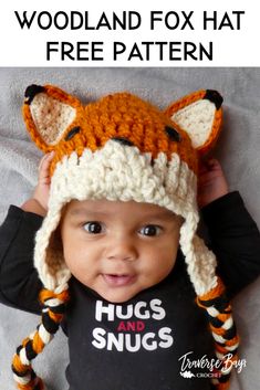 a baby wearing a crocheted hat with the words woodland fox hat free pattern