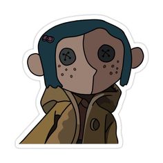 a cartoon character with blue hair wearing a brown jacket and black eye patch sticker