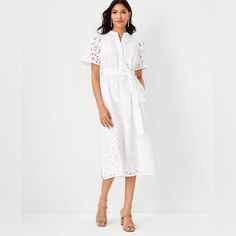 White Eyelet Dress; Pockets Removed Because They Were Visible Through The Outer Fabric. Nwot. Casual Broderie Anglaise Midi Dress For Vacation, Casual White Broderie Anglaise Midi Dress, White Casual Broderie Anglaise Midi Dress, Casual Cotton Midi Dress With Broderie Anglaise, Feminine Short Sleeve Shirt Dress For Brunch, Casual Midi Dress With Broderie Anglaise For Brunch, White Short Sleeve Feminine Shirt Dress, Feminine White Short Sleeve Shirt Dress, Summer Midi Dress With Broderie Anglaise And Short Sleeves