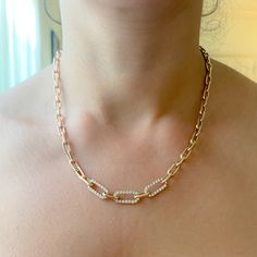 "This Italian handcrafted chain link necklace is completely composed of 14K solid gold and is uniquely made with a semi-hollow interior for comfortable everyday wear that will not dent . The chain is centered with three slightly larger links which are pavé set on both sides with genuine GVs1 quality natural real Diamonds. NOTE: This item is available in longer or shorter length options. Kindly send us a \"Custom Order\" request for pricing and details. ♦ Total Length: available in your choice of Rose Gold Chain Necklace As Gift, Rose Gold Oval Link Chain Necklace, Oval Chunky Chain Jewelry For Gift, Oval Chunky Chain Jewelry Gift, Gold Oval Pendant Chain Necklace With Paperclip Chain, Everyday Oval Necklace With Chunky Chain, Link Modern, Italian Chain, Cartier Necklace