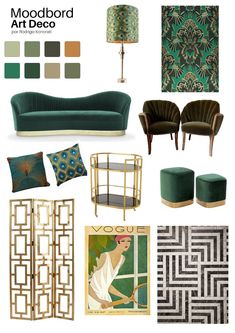 mood board with green and gold furniture, art deco wallpaper, rugs, lamps, pillows