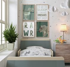 a child's room with posters on the wall and a bed in the foreground