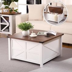 a living room with a white couch and coffee table