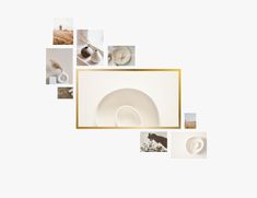 a white plate with gold trim surrounded by photos