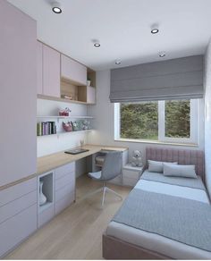 a bedroom with a bed, desk and shelves on the wall next to a window