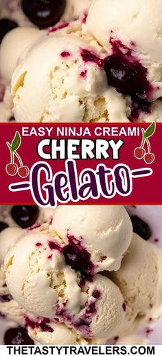 two scoops of ice cream with cherries on top and the words easy ninja cream cherry gelato