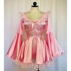 Vintage style charmeuse satin dress with fitted waist, bell sleeve, ruffle lace detailing and ribbon bow tie front Terrence Loves You, Different Dresses, Vintage Mode, Mode Inspo, Pink Outfits, Belle Epoque, Look At You, Kawaii Fashion, Vintage Stil