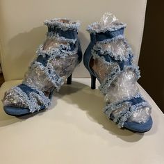 Brand New Never Worn Kitten Hill, Distressed Denim, High Heel, Super Sexy On The Foot Peekaboo Bag Zip Sizes 38 Or 7.5 Comes Without Box. Cute. Hill Shoes, Peekaboo Bag, Denim Shoes, Shoes Color, Distressed Denim, High Heel, Shoes Women Heels, Blue Denim, Blue White