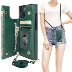 a woman is holding a green wallet with her phone in it and the case has money inside