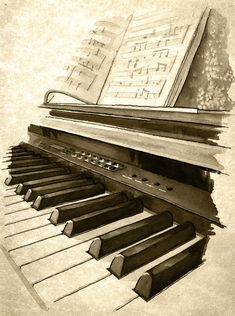 an artistic drawing of a piano keyboard with music sheets on the top and bottom edge