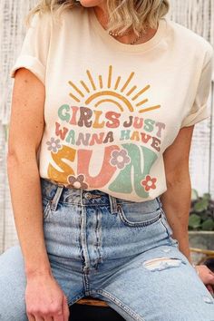 GIRLS JUST WANNA HAVE SUN,SUMMER UNISEX SHORT SLEEVE,GRAPHIC TEE,GRAPHIC TSHIRTS,TSHIRTS,TEES100%COTTON,HEATHER(52%COTTON,48%POLY),ATH.HEATHER,BLACK HEATHER(90%COTTON,572%POLY)NICARAGUAMade In: NicaraguaSize Measurement (inch): S: (Bust), (Waist), (Hips), (Length) M: (Bust), (Waist), (Hips), (Length) L: (Bust), (Waist), (Hips), (Length) Retro Summer T-shirt With Slogan, Retro Cotton T-shirt For Summer, Retro Summer T-shirt With Front Print, Retro Summer Cotton T-shirt, Vintage Slogan Tops For Spring, Retro Cotton Tops For Summer, Retro Cotton Summer Tops, Retro Text Print T-shirt For Summer, Retro Cotton T-shirt For Spring