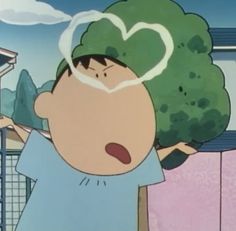 a cartoon character with broccoli on his head