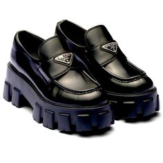 Prada Shoes Aesthetic, Loafer Aesthetic, Loafers Aesthetic, Monolithic Design, Prada Loafers, Crocs Fashion, Iconic Shoes, Preppy Shoes, Shoes Heels Classy