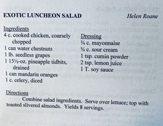 the ingredients for an exotic lunch salad are shown in this recipe book, which contains instructions on how to make it