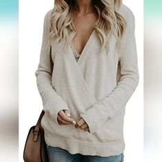 Feiyoung Women Long Sleeve Sexy Plunge V Neck Wrap Front Loose Sweater Pullover Jumper Tops Cardigan Gris, V Neck Design, Straight Clothes, Mode Boho, Long Sleeve Knit Sweaters, Loose Outfit, Knitting Women Sweater, Loose Sweater, Cute Sweaters