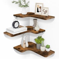 three wooden shelves with plants and vases on them, one shelf has an alarm clock