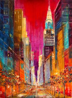 an oil painting of a city street at night with tall buildings and colorful lights on it