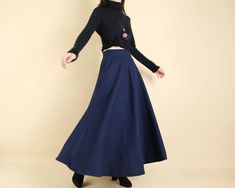 Wool skirt, Winter skirt, dark blue skirt, long skirt, vintage skirt, high waist skirt, maxi skirt(Q1098) Blue Relaxed Maxi Skirt For Fall, Blue Lined Maxi Skirt For Fall, Fitted Dark Wash Long Skirt, Blue Pleated Maxi Skirt For Fall, Navy Long Lined Skirt, Full Length Dark Wash Cotton Skirt, Retro Long Blue Skirt, Cheap Full-length Dark Wash Skirt, Elastic Waist Skirt