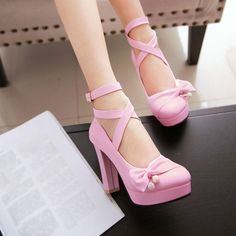 Fabric Material: Matte LeatherColor: Black. Pink. Beige. White. Purple PinkHeel Height: 10cm/3.94" Quince Heels, Bowknot Shoes, Halter Dress Short, Cute Shoes Heels, Girly Shoes, Mary Jane Pumps, Mary Jane Heels, Pink Heels, Shoes Pumps