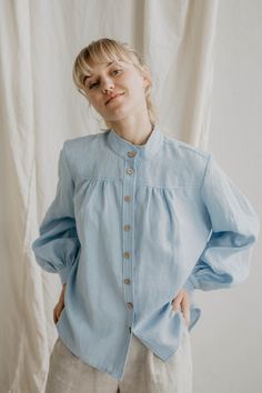 "100% linen shirt for women. A beautiful, vintage inspired linen shirt with long ruffled balloon sleeves and buttons at the front. Perfect for different looks: try wearing it with a pair of jeans for a smart look or a linen bottoms like a skirt for a romantic look. Available in sky blue and creamy white.   <> Ugnė is 180cm/5'9\" and wearing size S in Creamy White Elžbieta is 165cm/ 5'4\" and wearing size S in Sky Blue Details: - This listing is for linen shirt Indraja - Made using 100% OEKO Tex Linen Shirts Women, Linen Bottoms, Romantic Look, Shirt For Women, Style Expert, Balloon Sleeves, Creamy White, Look Chic, Linen Shirt