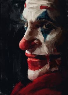 a painting of a clown with his face painted red, white and blue