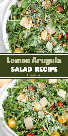 lemon arugula salad recipe in a white bowl with text overlay that reads lemon arugula salad recipe