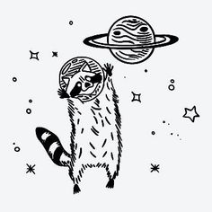 a black and white drawing of a raccoon in space