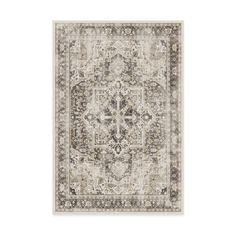 an area rug with a gray and beige design on the bottom, in front of a white background