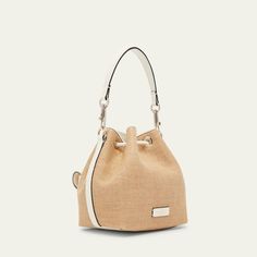 Valentino Garavani "Loco" bucket bag in polyester, metal, and raffia  Detachable flat top handle  Detachable, adjustable web shoulder strap Can be worn as a top handle or shoulder bag  Drawstring closure  Exterior, VLOGO front flap pouch  Lining: Cotton Approx. 7.5"H x 6.3"W x 4.3"D Made in Italy Modern Bucket Satchel With Handles, Modern Spring Bucket Bag With Top Handle, Modern Spring Bucket Bag With Top Carry Handle, Spring Hobo Bag With Leather Handles, Elegant Spring Bucket Bag With Top Carry Handle, Spring Bucket Bag With Detachable Strap, Luxury Spring Bucket Bag For Daily Use, Spring Bucket Bag With Removable Pouch And Double Handle, Beige Bucket Bag With Detachable Strap And Double Handle